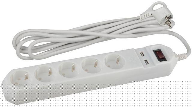 Удлинитель с сетевым фильтром 5х1.5м с заземл. 10А IP20 2хUSB ПВС 3х0.75 с выкл. бел. Эра Б0019037