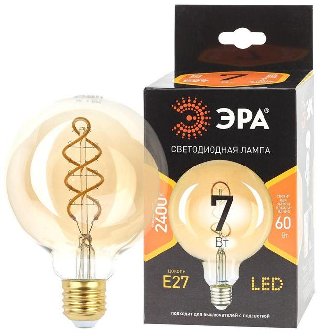Лампа светодиодная филаментная F-LED ST64-7W-824-E27 7Вт ST64 золотая 2400К спирал. тепл. бел. E27 Эра Б0047665