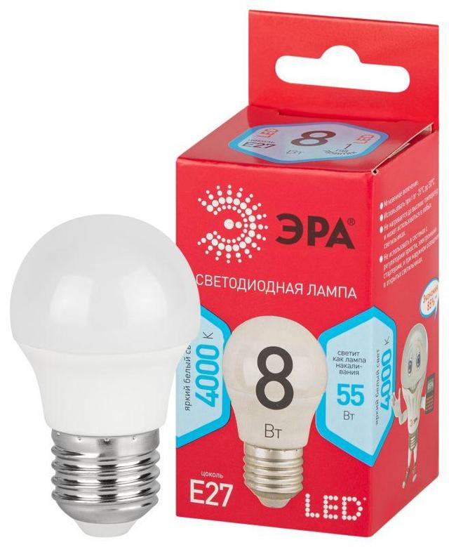 Лампа светодиодная RED LINE LED P45-8W-840-E27 R 8Вт P45 шар 4000К нейтр. бел. E27 Эра Б0049645
