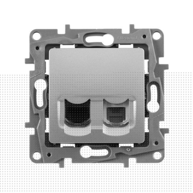 Розетка компьютерная + телефонная 2-м СП Etika RJ45 + RJ11 кат.5E UTP механизм алюм. Leg 672452